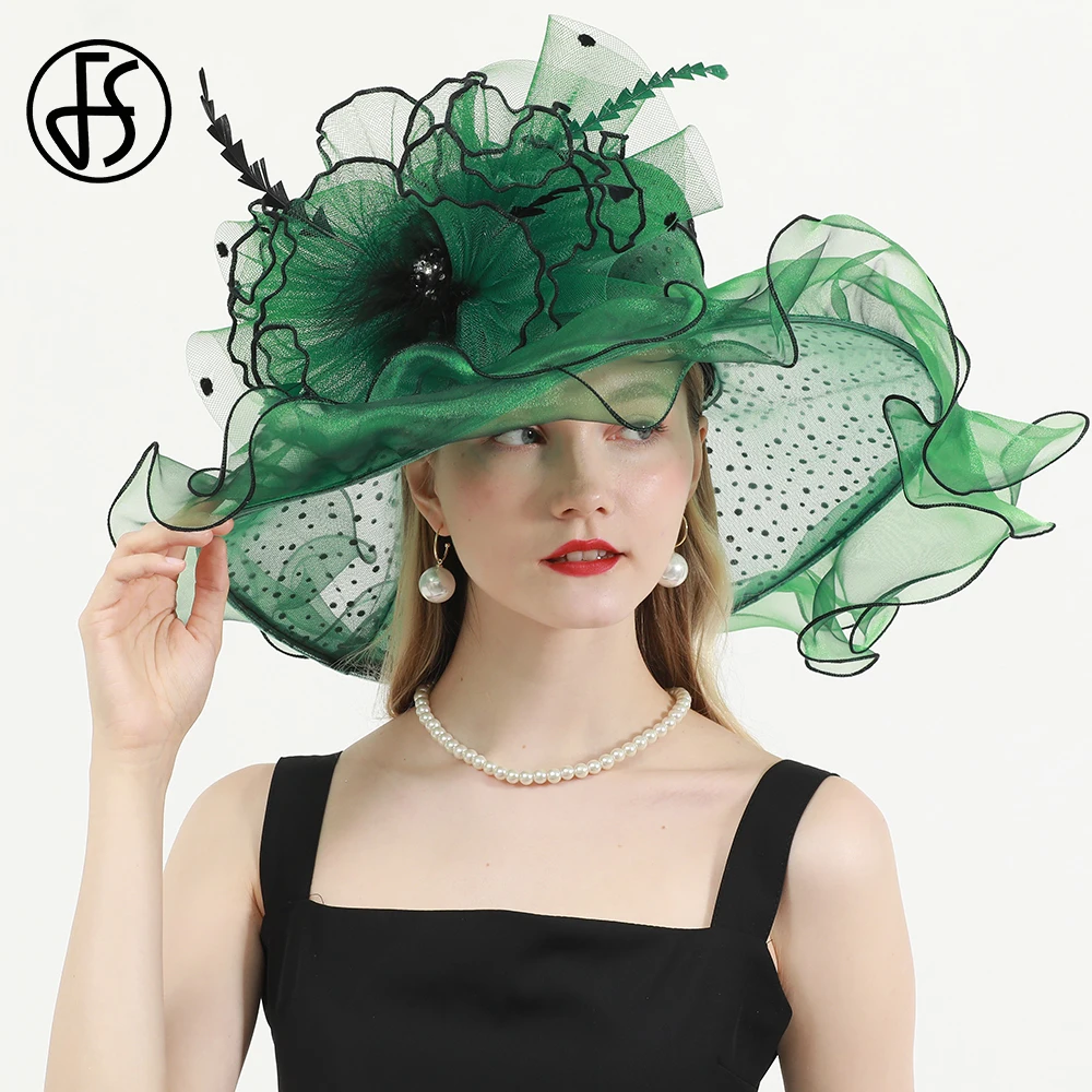 FS 2024 Luxury Organza Kentucky Derby Hat For Women Elegant Wide Brim Green Wedding Bride Caps Summer Cocktail Party Church Hats