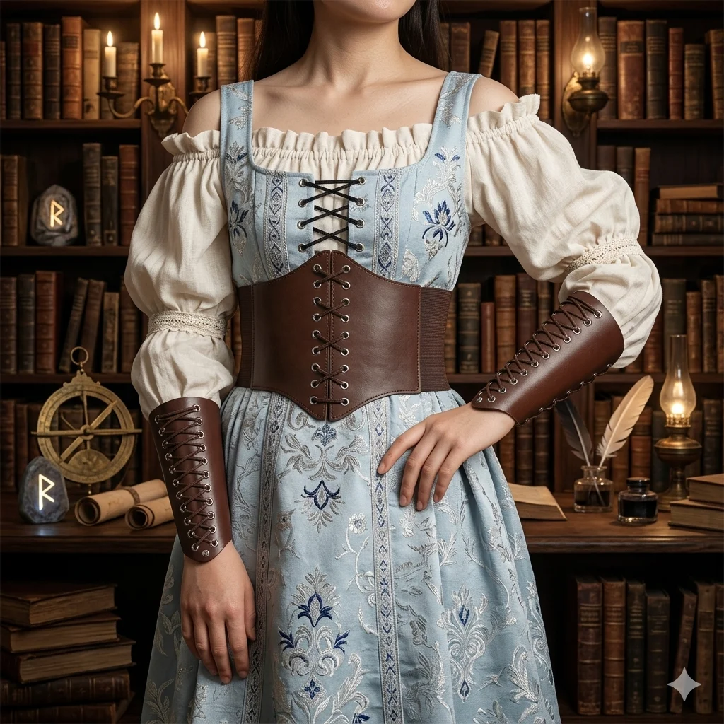 3PCS Medieval Costume Kit Vintage PU Leather Lace up Corset Belts with Leather Lace-up Gauntlet Wristband Viking Wrist Guard for Halloween LARP Cosplay Costume Party