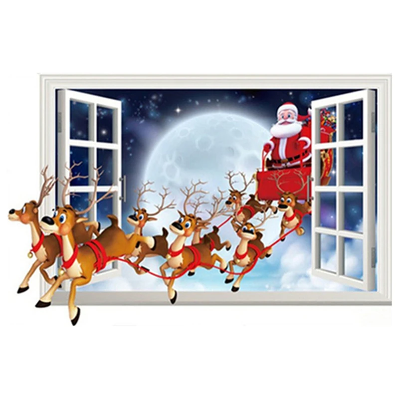 Xmas Night Room Window Art Santa Claus Sleigh Deer Vinyl Wall Stickers for Home Decorations Christmas New Year Gift Wallpaper