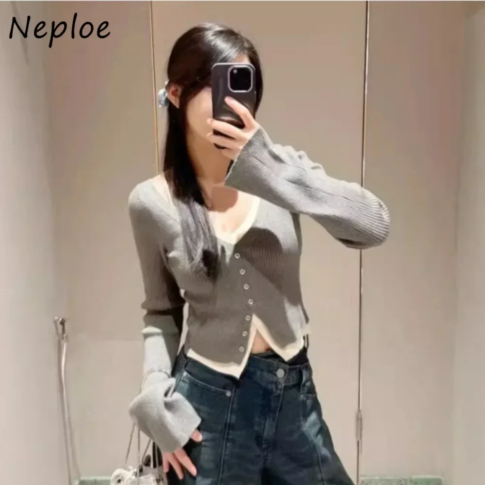 

Neploe Sexy V Neck Flare Sleeve Fake Two Pieces Sets Cardigan Knit Sweet Elegant Cotton Women Clothing Japan Stripe New Jumper