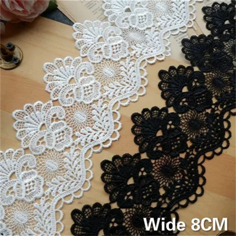 8CM Wide Exquisite White Black Cotton Embroidered Fringe Ribbon 3d Flowers Lace Trim Curtains Dress DIY Home Sewing Supplies