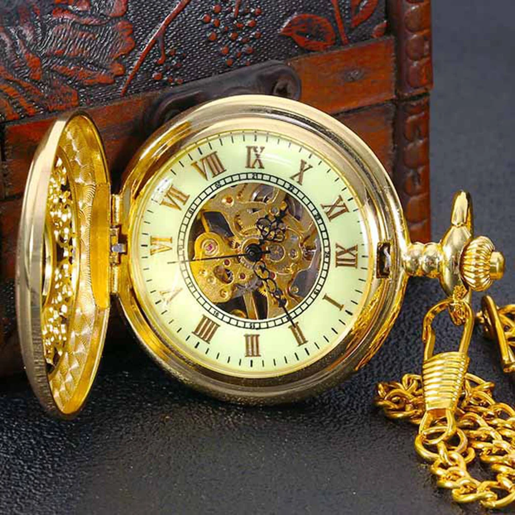 Gold Mechanical Pocket Watches with Hollow Carving Personalized Necklace Chain Watches Gift for Birthday Christmas