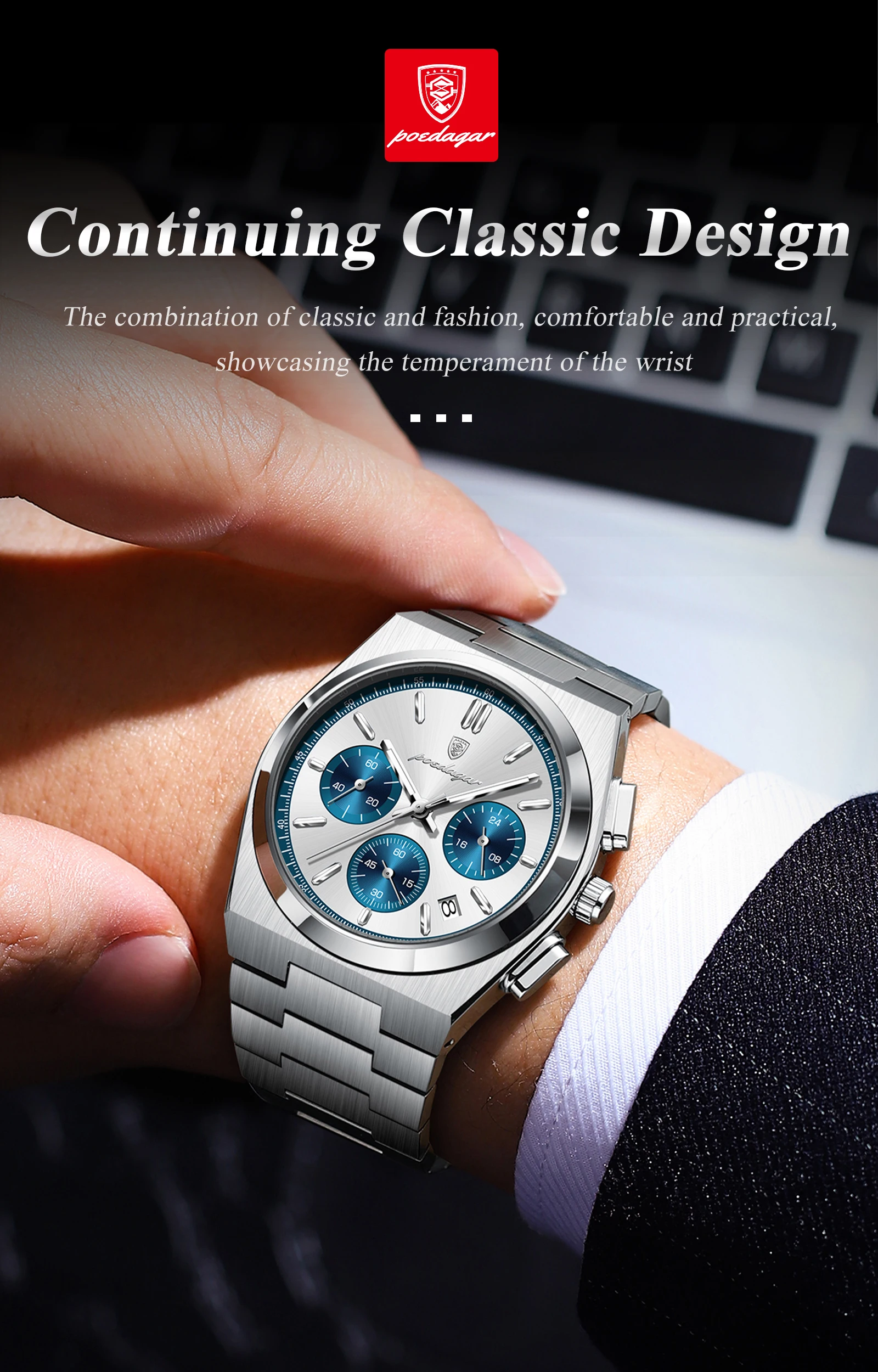 POEDAGAR Top Mode Mann Armbanduhr Chronograph Datum Edelstahl Business Männer Uhr Wasserdicht Leucht männer Quarz Uhren – Detail 16