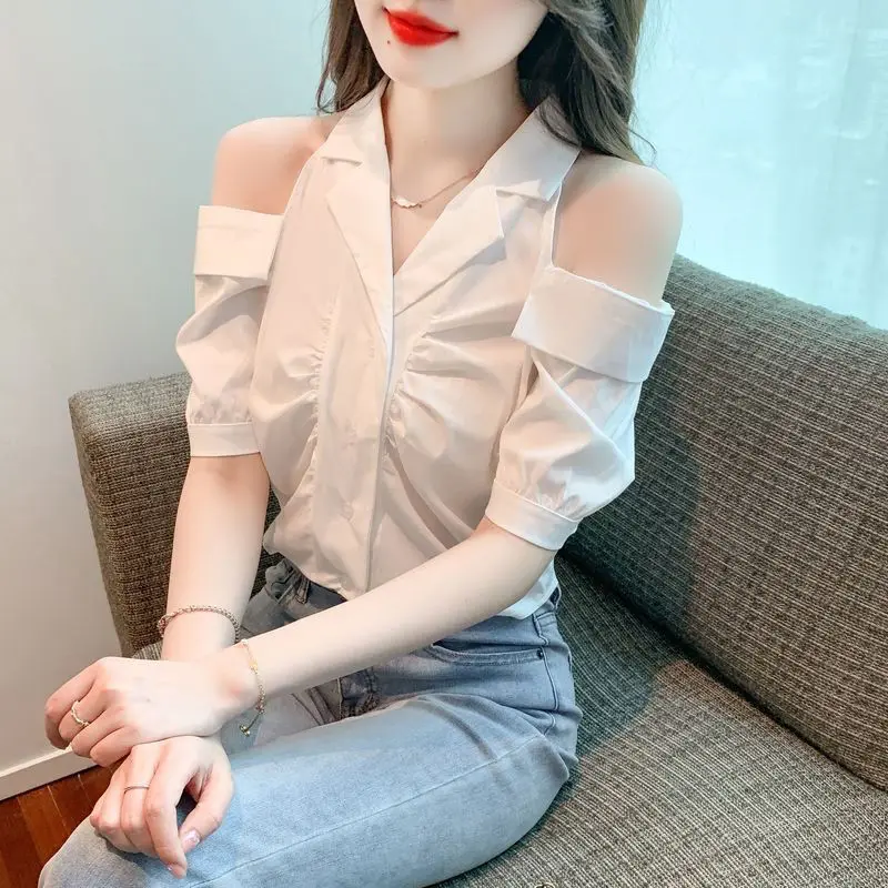 Summer New Temperament Elegant Turn-down Collar Off Shoulder Tops Korean Versatile Fashion Short Sleeve Shirts Women Clothing