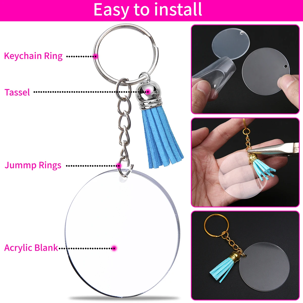 40 PCS Stainless Steel Metal Blank Keyring Set Keychain Split Rings with Chain and Tassel for DIY  Findings