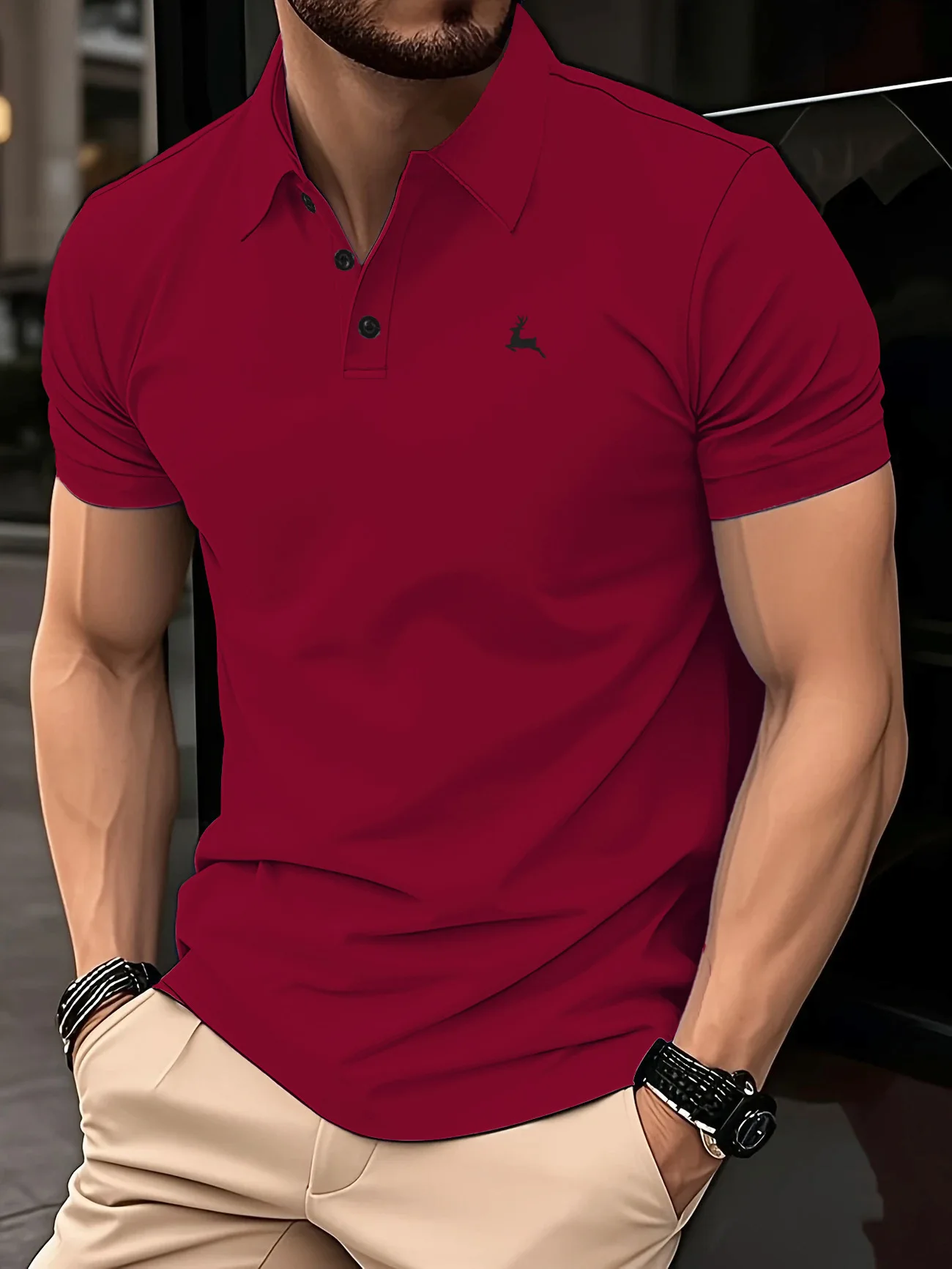 2025 New Style European Men's Summer Business Casual Collar Buttoned Polo Shirt with Deer Embroidery and Slim Fit Shirt Top