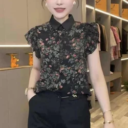 2024 New Summer Korean Fashion Elegant Retro Chiffon Sleeveless Blouses Loose Print Polo Collar Panel Button Women's Shirt Top