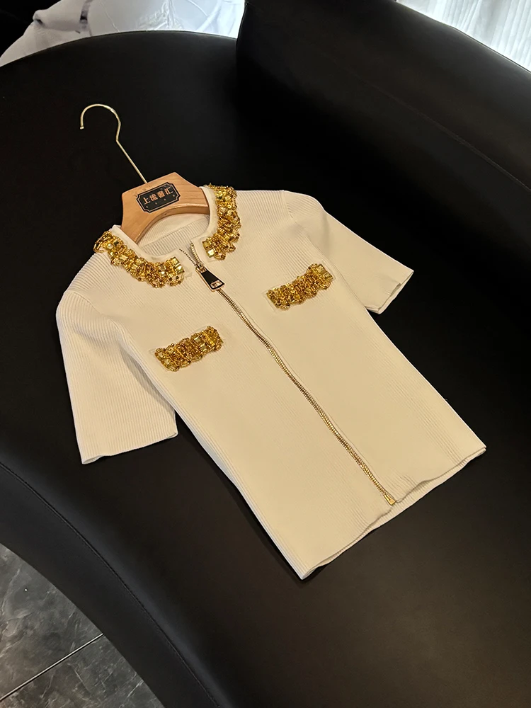 

Winter New ort Sve Knitted T-irt Heavy Embellied Diamond Faion Versatile Women's DY22 Commute Sle round Ne ...