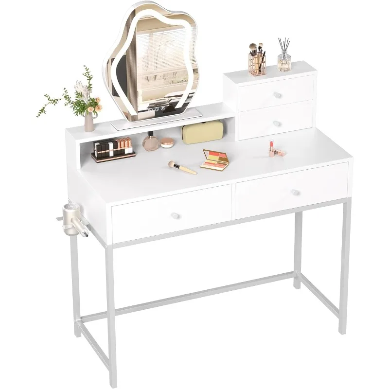 

Vanity Desk with Mirror and Lights, 31 inch White Makeup Vanity Table with 4 Drawers and 1 Storage Shelf, Modern Small Vanity