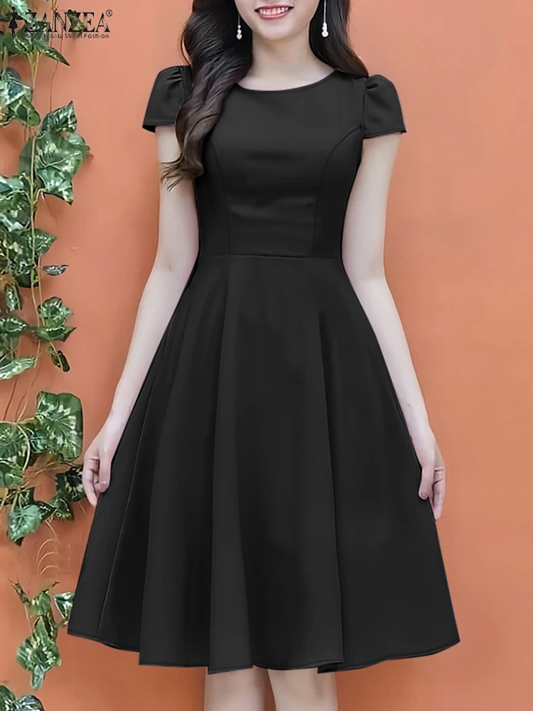 ZANZEA Casual Frau Vestidos Mode Kurze Flügel Hülse O-ansatz Hohe Taille Knielangen Kleider 2025, Sommer Elegante A-linie Roben