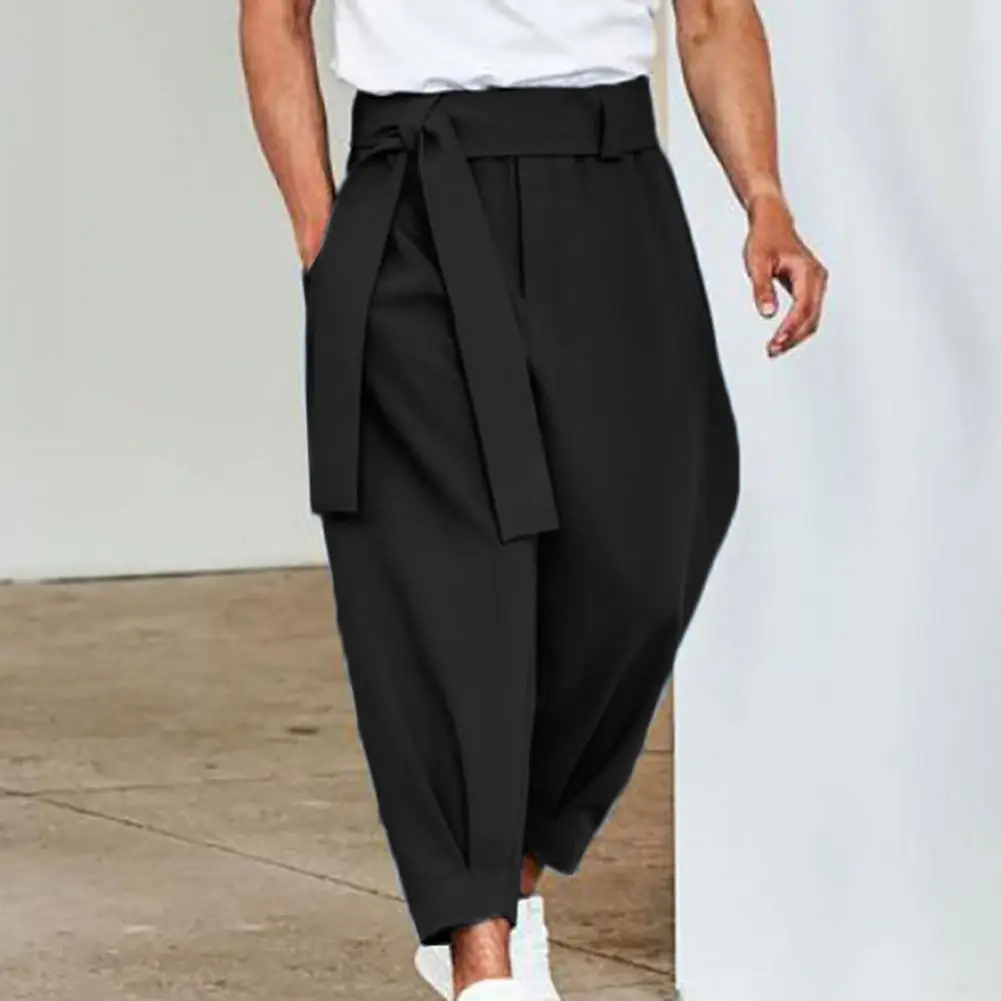 Great Sweatpants Pockets Cropped Casual Belt Loose Cropped Trousers  Male Trousers Skin-friendly