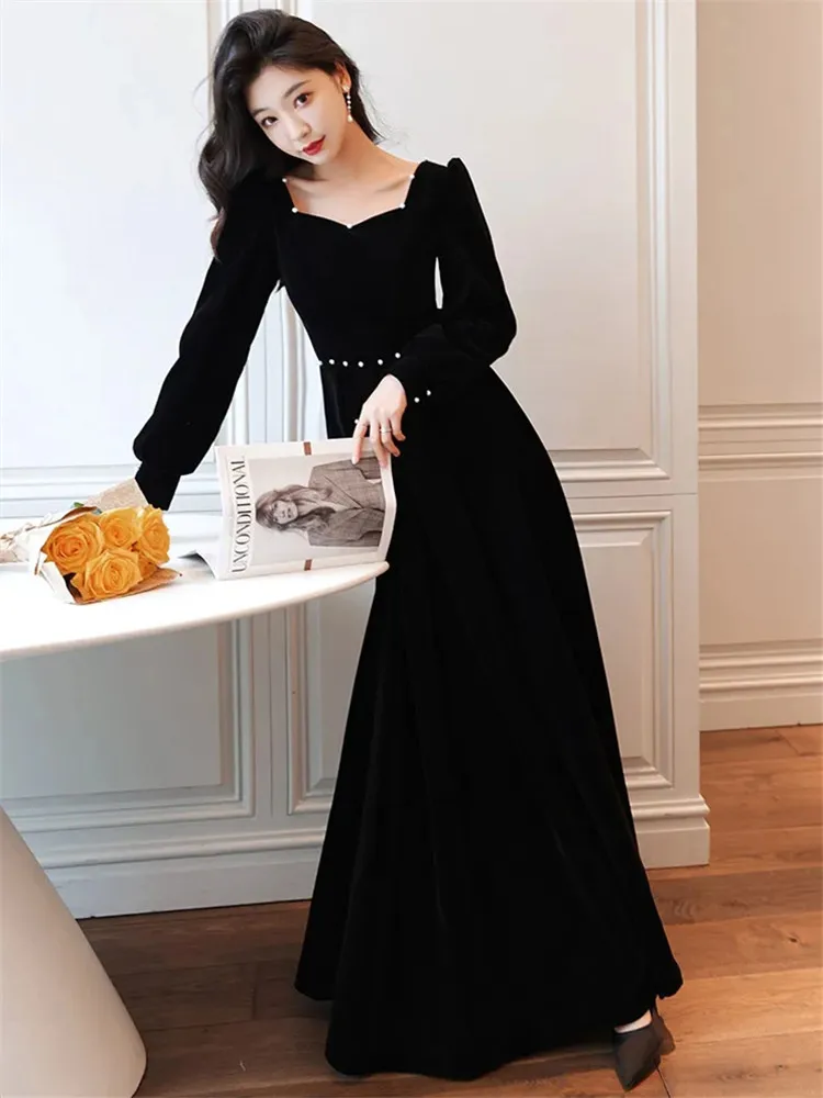 Black Velvet Dress Female Autumn Winter New Solid Color Beaded Square Neck Long A-line Skirt Fashion Women\'s Clothing M166