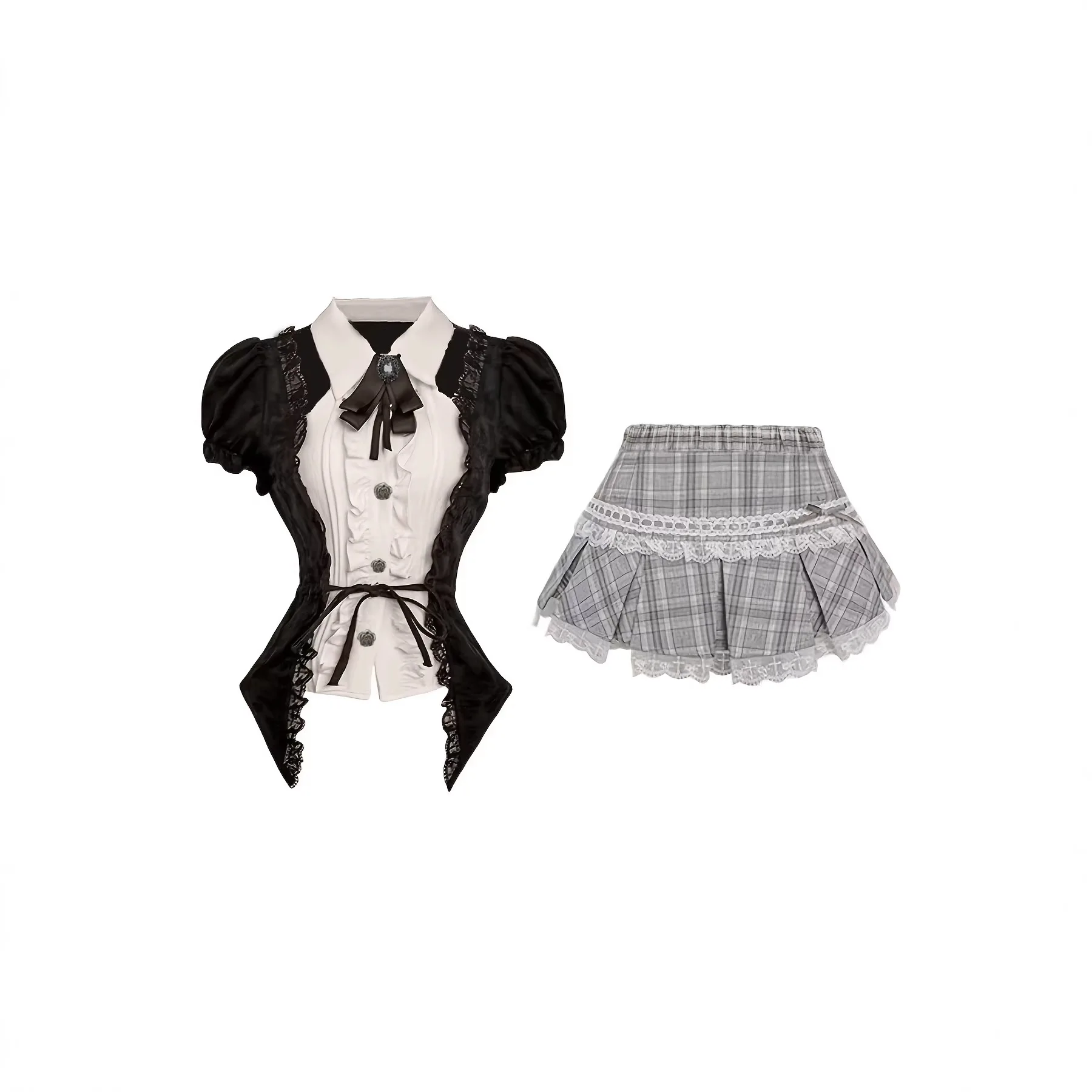 

Dark Lace Waist-Cinching Shirt And Plaid Skirt Set Women's Casual Sportswear Ensemble from China Suitable for All Seasons
