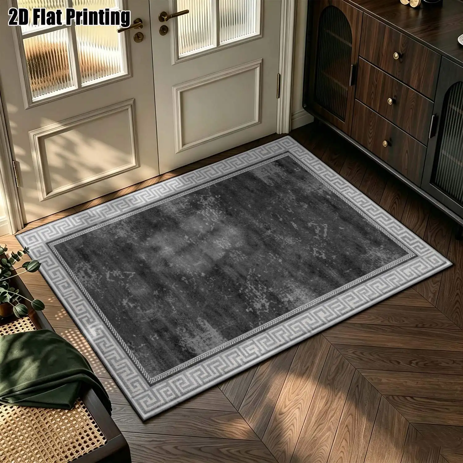 1Pc 2D Printed Carpet: Black & Gray Greek Herringbone Decor, Modern/Vintage, Home Decor, Multi-Size, Machine Washable, Multi-Scene Use