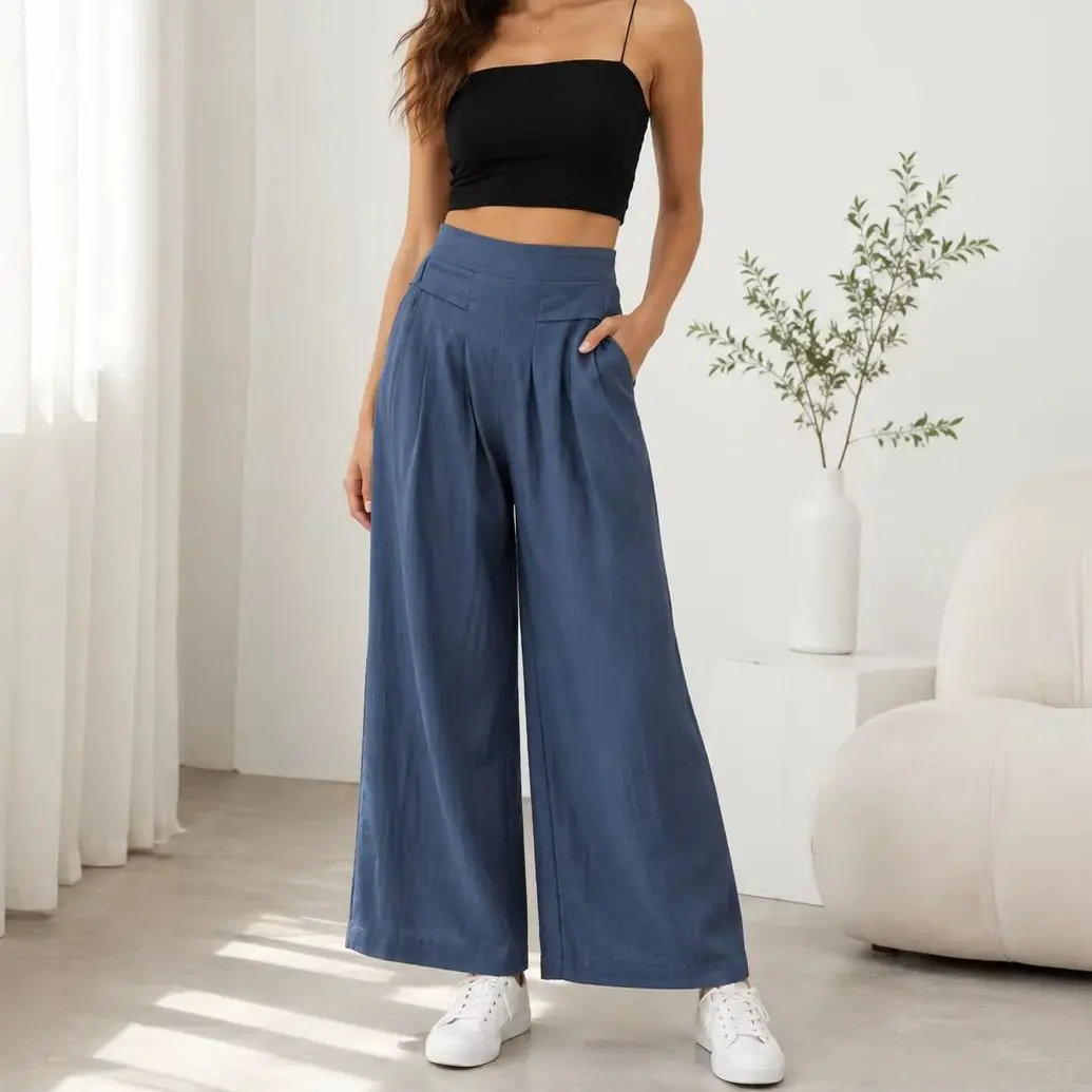Women Cotton Linen Cropped Wide Leg Pants Elastic Back Waist Pleated Casual Pocket Trousers Summer Daily Ladies Loose Capri
