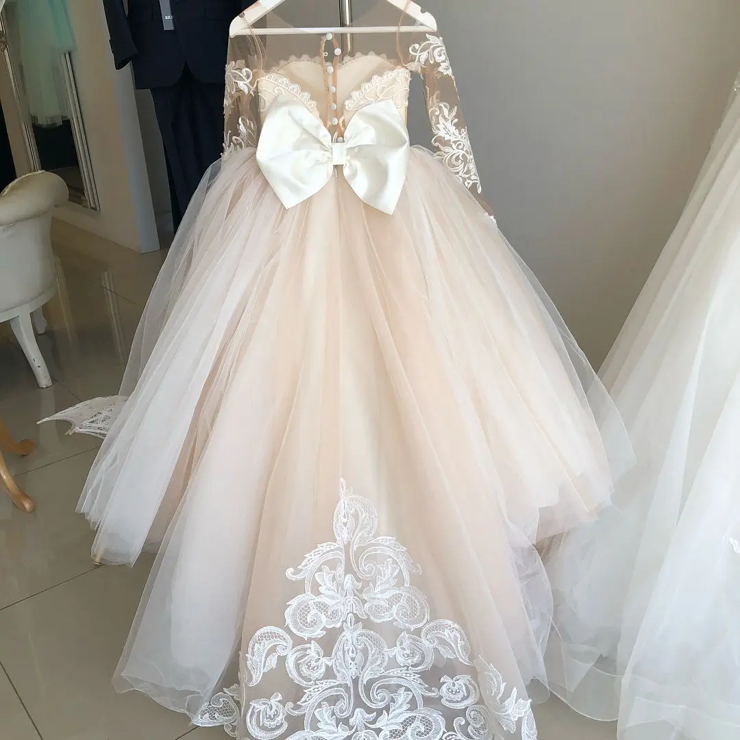 Tulle Long Flower Girl Dresses Lace Princess Child Wedding Party Dress senza maniche prima comunione Ball Gown for Baby Kids