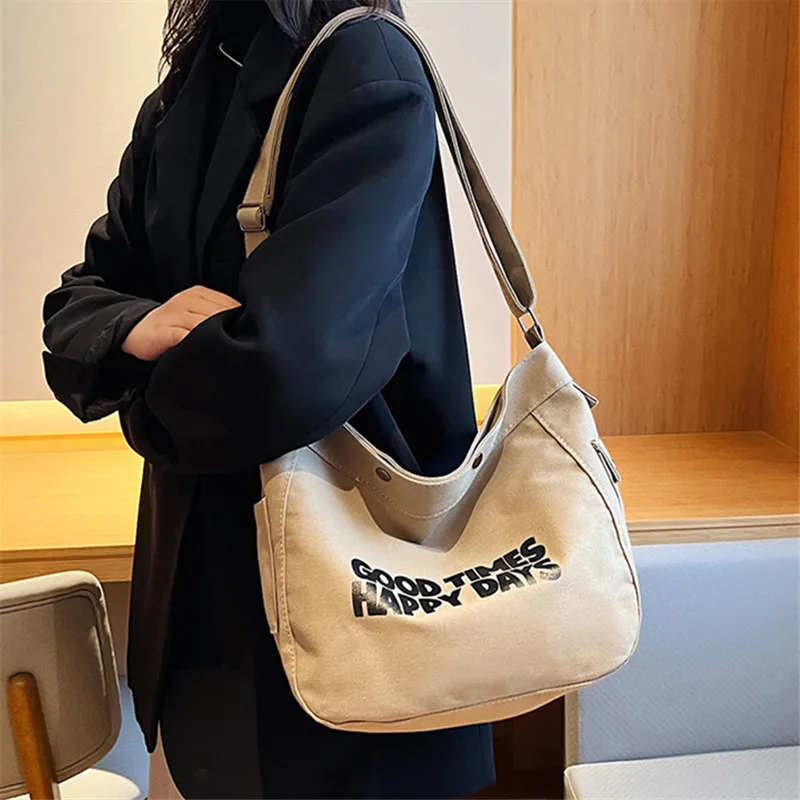 

Новая школьная парусиновая сумка через плечо с боковым карманом, универсальная сумка через плечо для кампуса, сумка-мессенджер с надписью для студентов