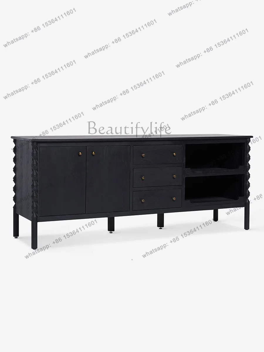 

American retro solid wood TV cabinet multi-functional drawer cabinet small apartment living room black