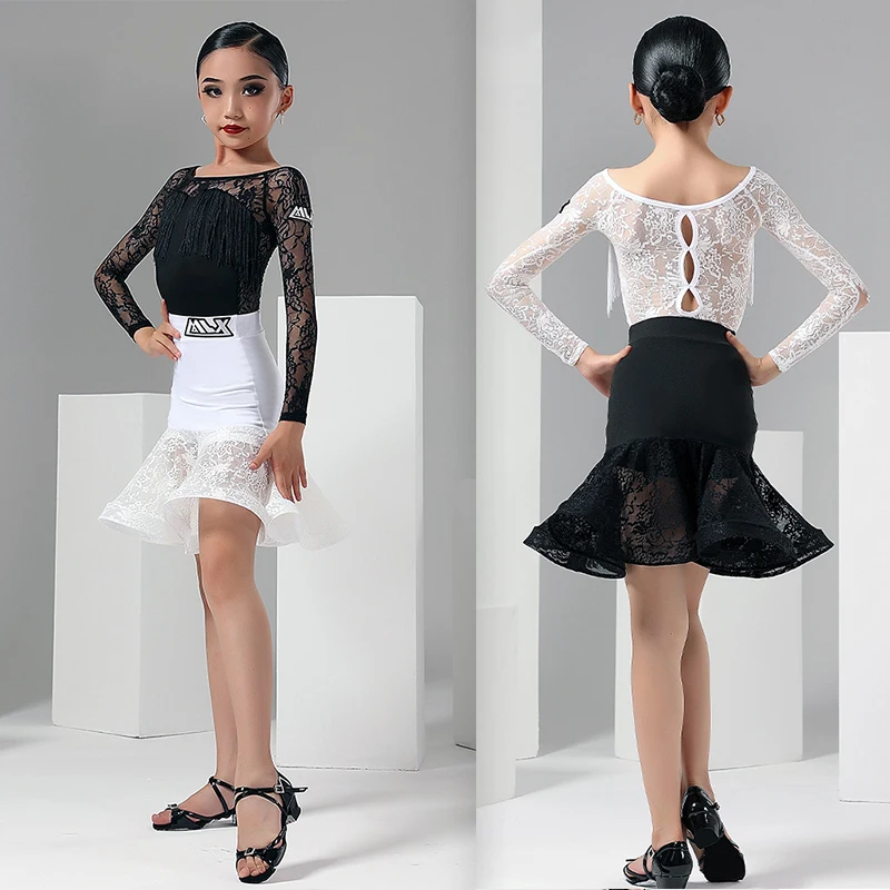 

New Girls Latin Dance Dress Performance Wear Long sleeve Tassels Tops Split Skirt Rumba Cha Cha Dance Competition Clothes AMY59