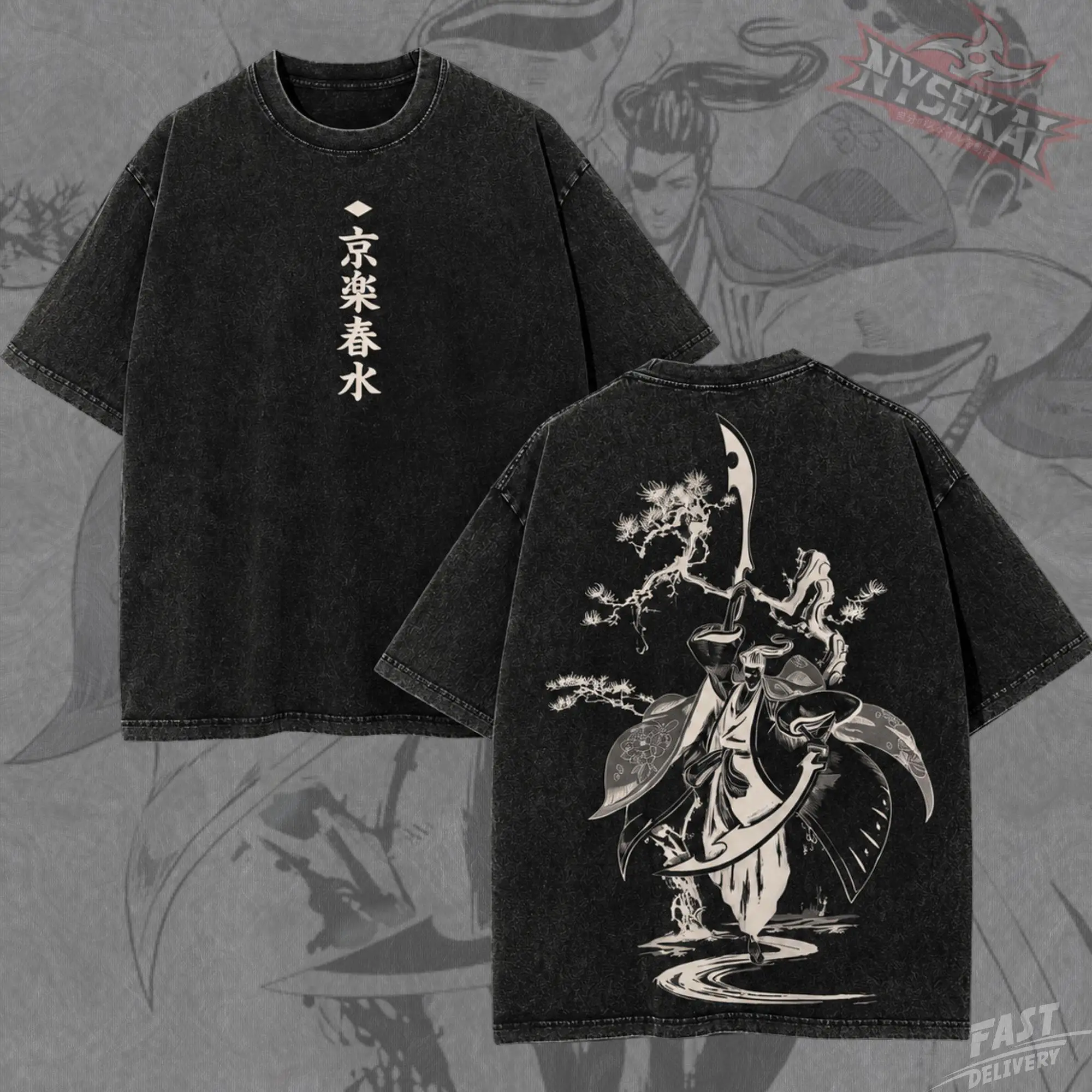 BLEACH Kyōraku Shunsui Short Sleeve T-Shirt Anime Manga Vintage Washed Graphic Print Ukiyo-e Kitsune Men Women Streetwear