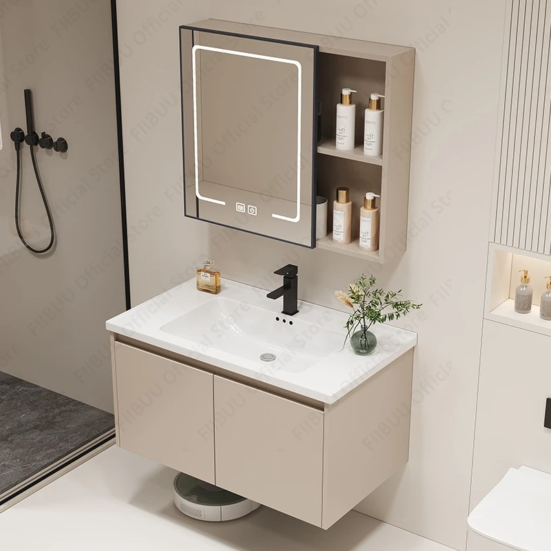 

Wall Mounted Bathroom Vanity Set with Integrated Ceramic Sink Basin Smart Mirror Cabinet Combo Aluminum Alloy Storage Cabinet