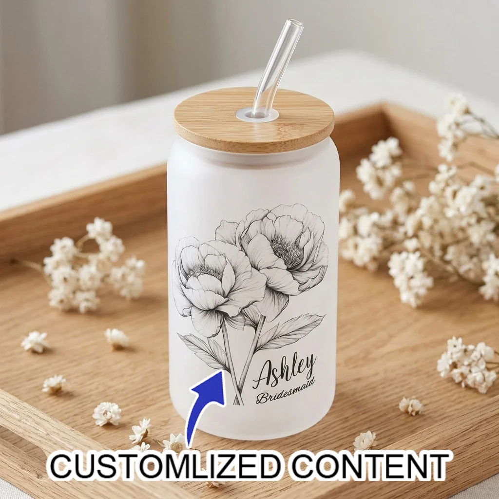 1. Bridesmaid Gift Custom Peony Flower Frosted Glass Can Cup 16oz Reusable Iced Coffee Glass Mug with Bamboo Cover and Straw.