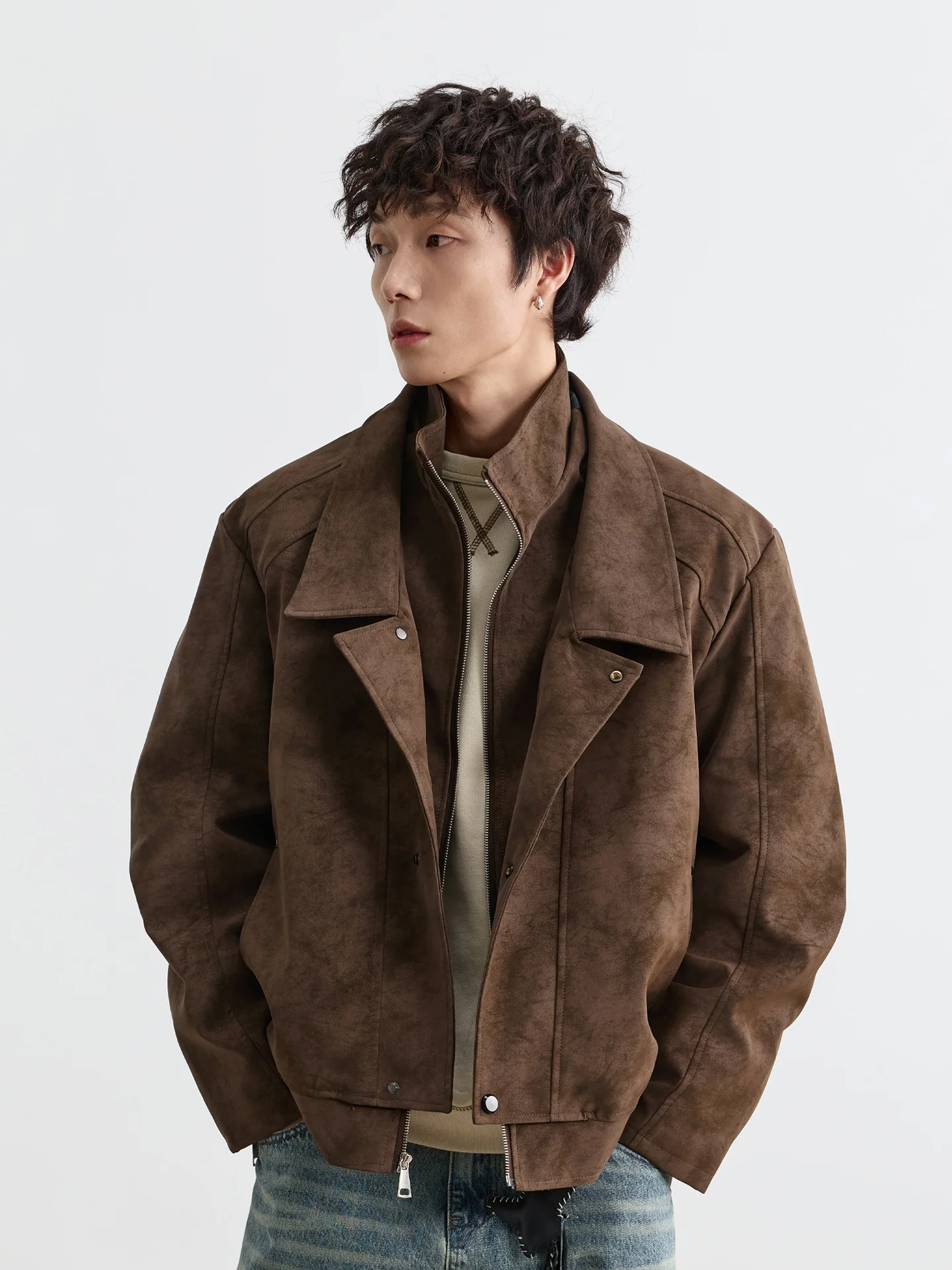 

Men's Double Layer Collar Suede Jaet Cotton Lined Warm Trendy Vintage Murald Jaet PU Material Long Sve Zipper Closure