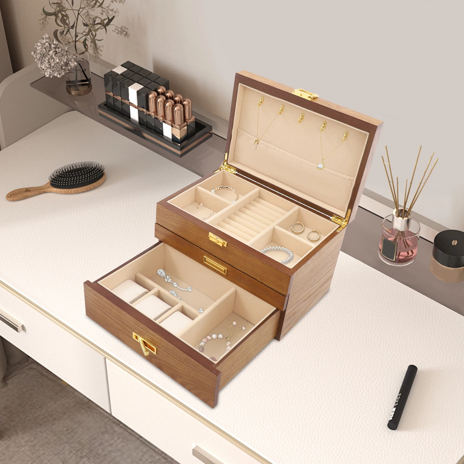 

3-Layer Jewelry Box, Freestanding Jewelry Box Organizer Storage Box, Jewelry Box for Earrings Rings Necklace Bracelet, Brown