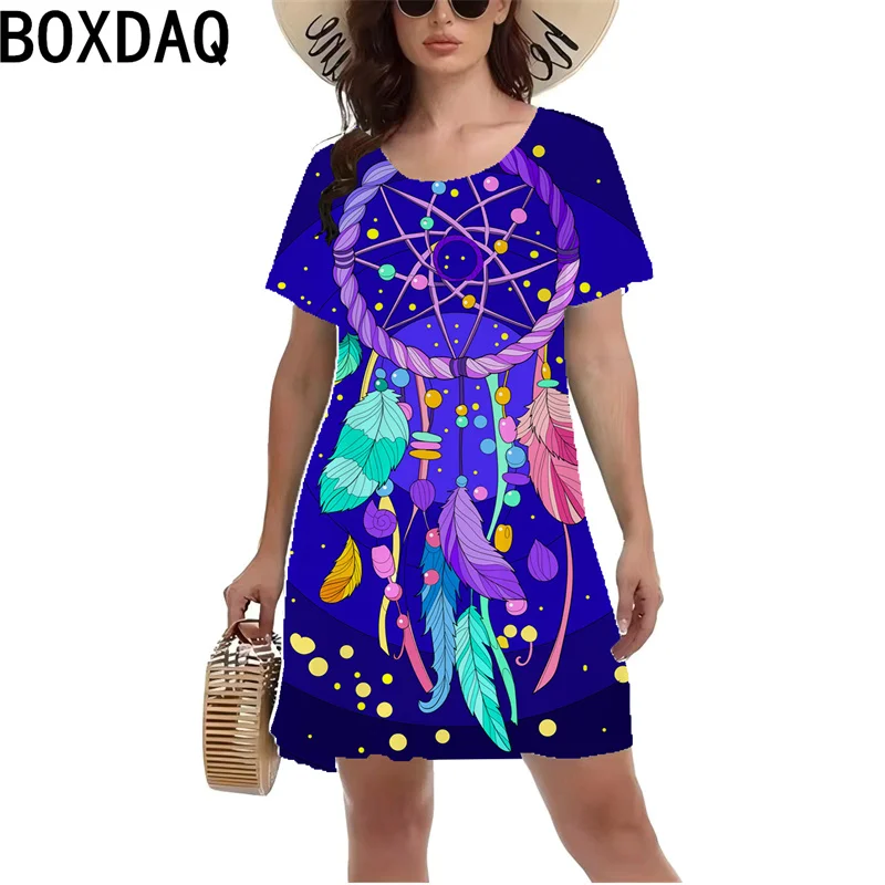 Women Summer Short Sleeve O-Neck Casual Dress 3D Colorful Wind Chime Pattern Print Dress Big Size 3XL Fmeale Sundress Vestidos