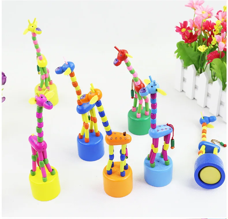 Marionetas de empuje de jirafa de colores de madera, jirafa mecedora de baile, marionetas de dedo, juguete de empuje hacia arriba de madera para decoración de habitación de niños (estilo aleatorio)