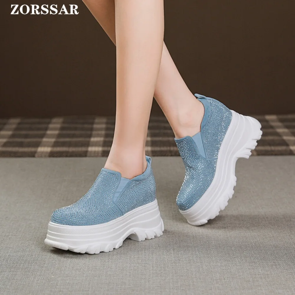 2024 New Spring Blue Crystal Hidden Wedge Heels Casual Shoes Woman Platform Sneakers Elevator High-heels Walking Sneakers Women