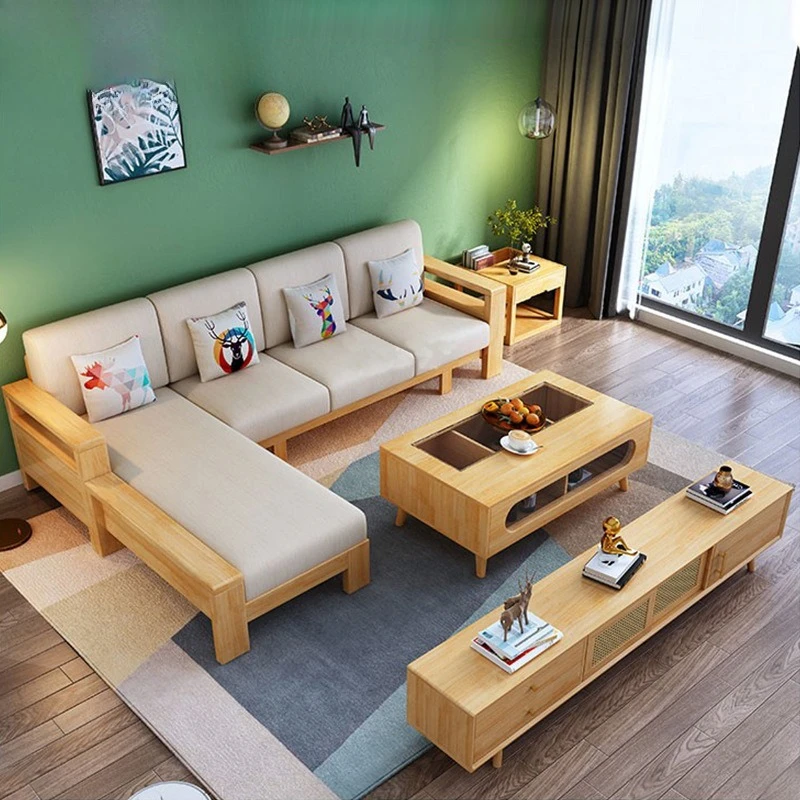 Rubber wood sofa combination high resilience sponge cushion living room large house wooden cloth solid wood sofa