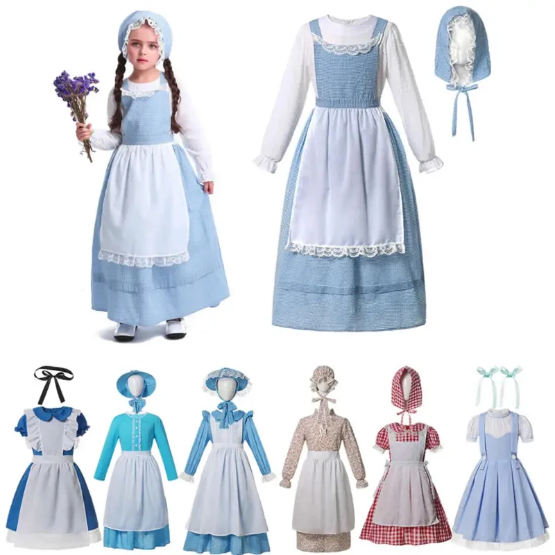 MUABABY Girls Colonial Dress Prairie Pilgrim Child Dresses Festival National Costumes Outfits Pioneer Carnival Clothes