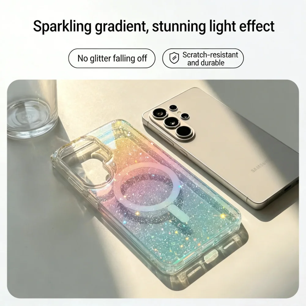 Trendy Luxury Gradient Rainbow Glitter Case For Samsung S26 FE Ultra S25 Edge S24 S23 Plus For Magsafe Protect Phone Cover Funda