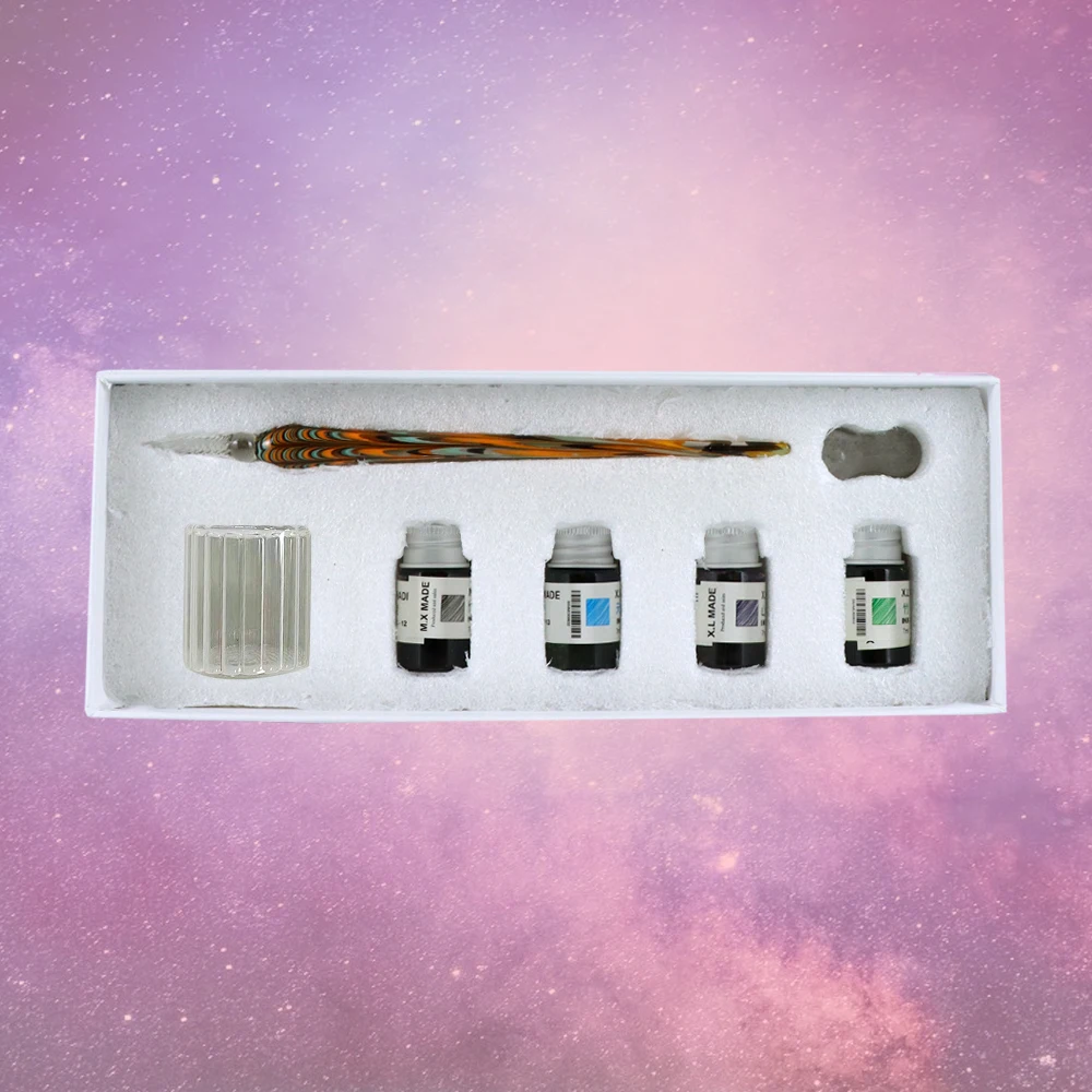 Conjunto de canetas de mergulho de vidro manchado 4 cores tinta retrô conjunto de canetas de assinatura criativa presente