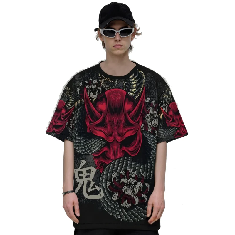 Camiseta de manga corta con estampado de máscara Oni japonesa de verano para hombre, cuello redondo oscuro, flor de serpiente, Harajuku, ropa de calle informal diaria