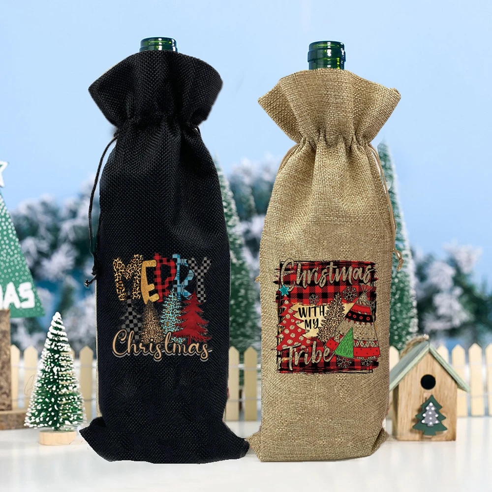 With My Tribe Painting Wine Bags Christmas Tree Burlap Cloth Package Xmas House Party Wine Bottle Decoration Holiday Gift Sack