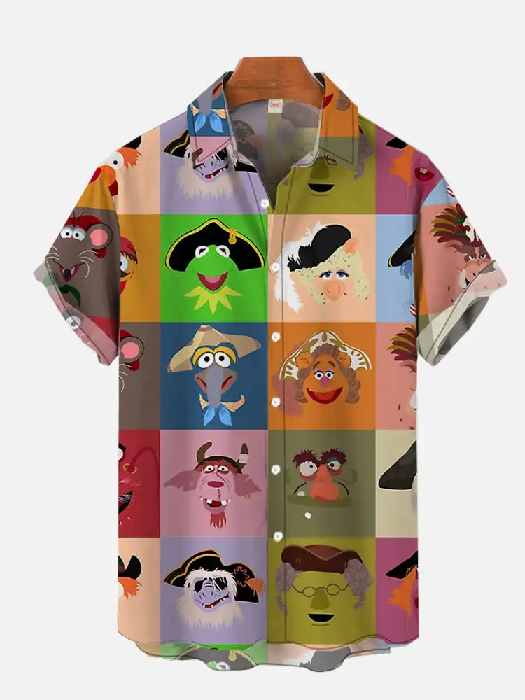 Cartoon Animated Characters Summer Classic Style Patchwork Retro Hawaii Shirt Colorful Geometric Color Print Short Floral Blouse