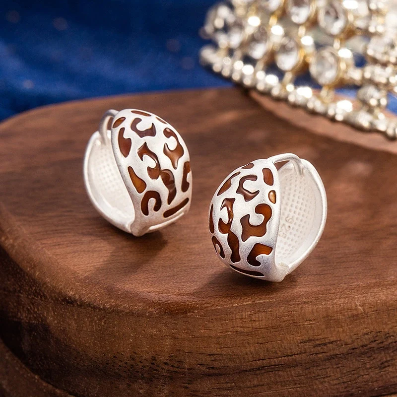 French Retro Espresso Leopard Print Drip Glaze Earrings for Women Versatile Luxurious High-End 925 Silver Jewelry KOFSAC