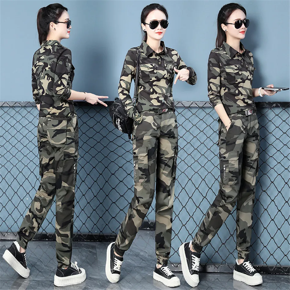 Women Military Long Sleeved T-shirt and Pants Set Multi Pocket Tactical Hiking Shirt Pants Casual Slim Fit Cargo Shirt Trousers