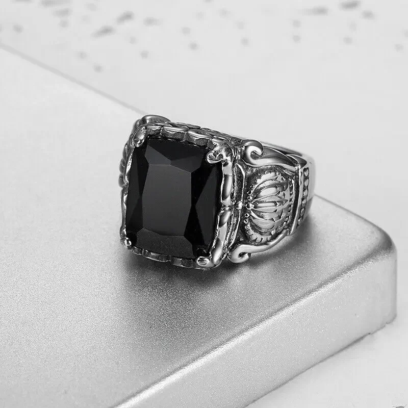 

Rings Men's Size 7-14, Vintage Stainless Steel Crown Black CZ Stone Jewelry