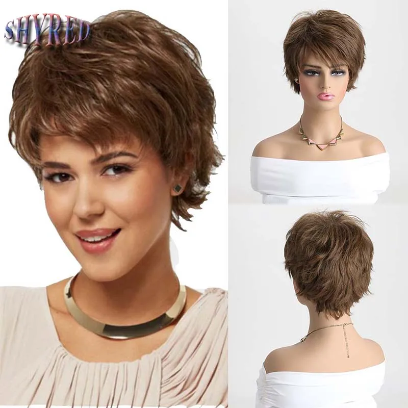 

Synthetic Short Brown Pixie Cut Wigs with Bangs Layered Wigs for Women Daily Party Use Fake Hair