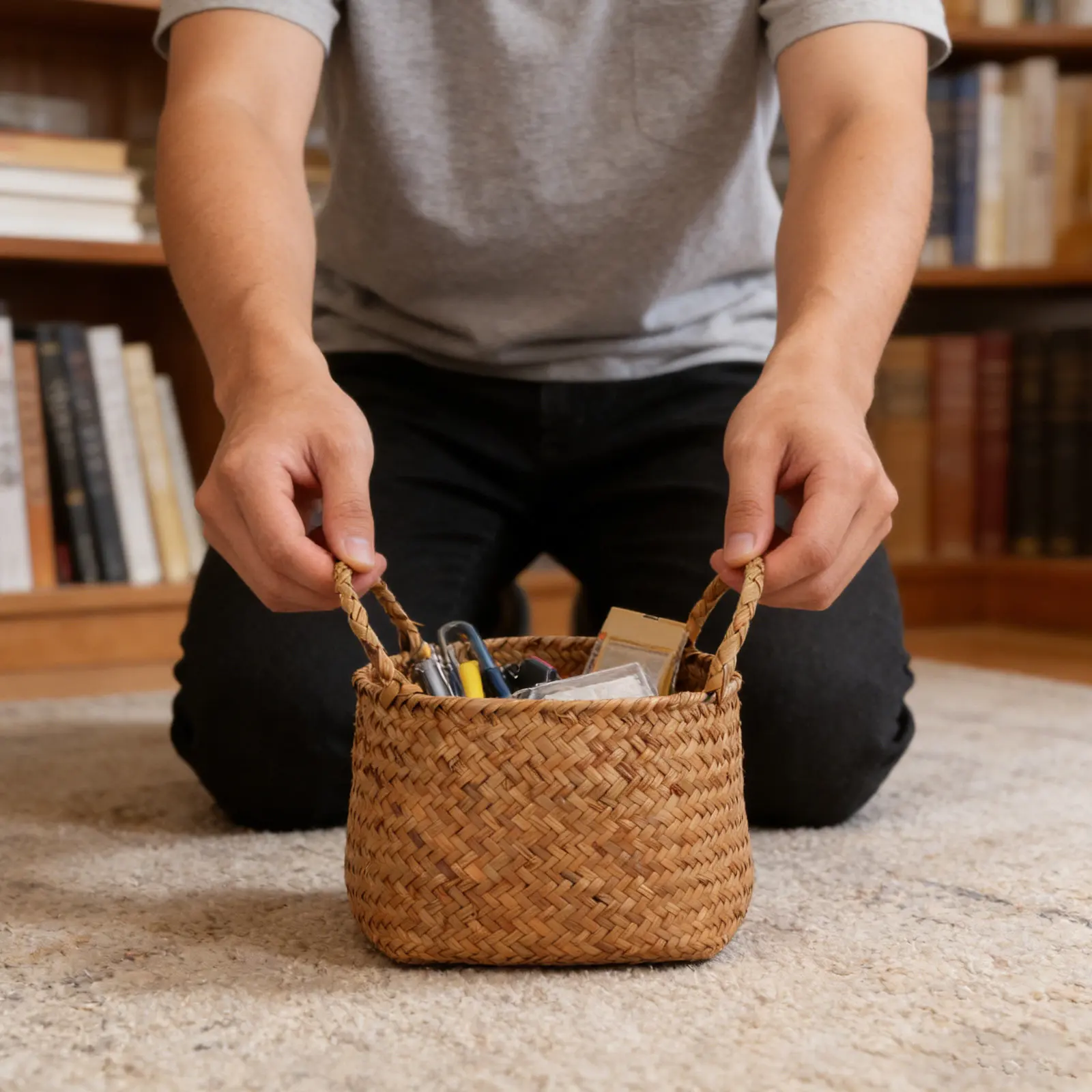 

Японская плетеная корзина из морской травы: многофункциональный декоративный органайзер для хранения туалетных принадлежностей, цветов, для полок и спальни