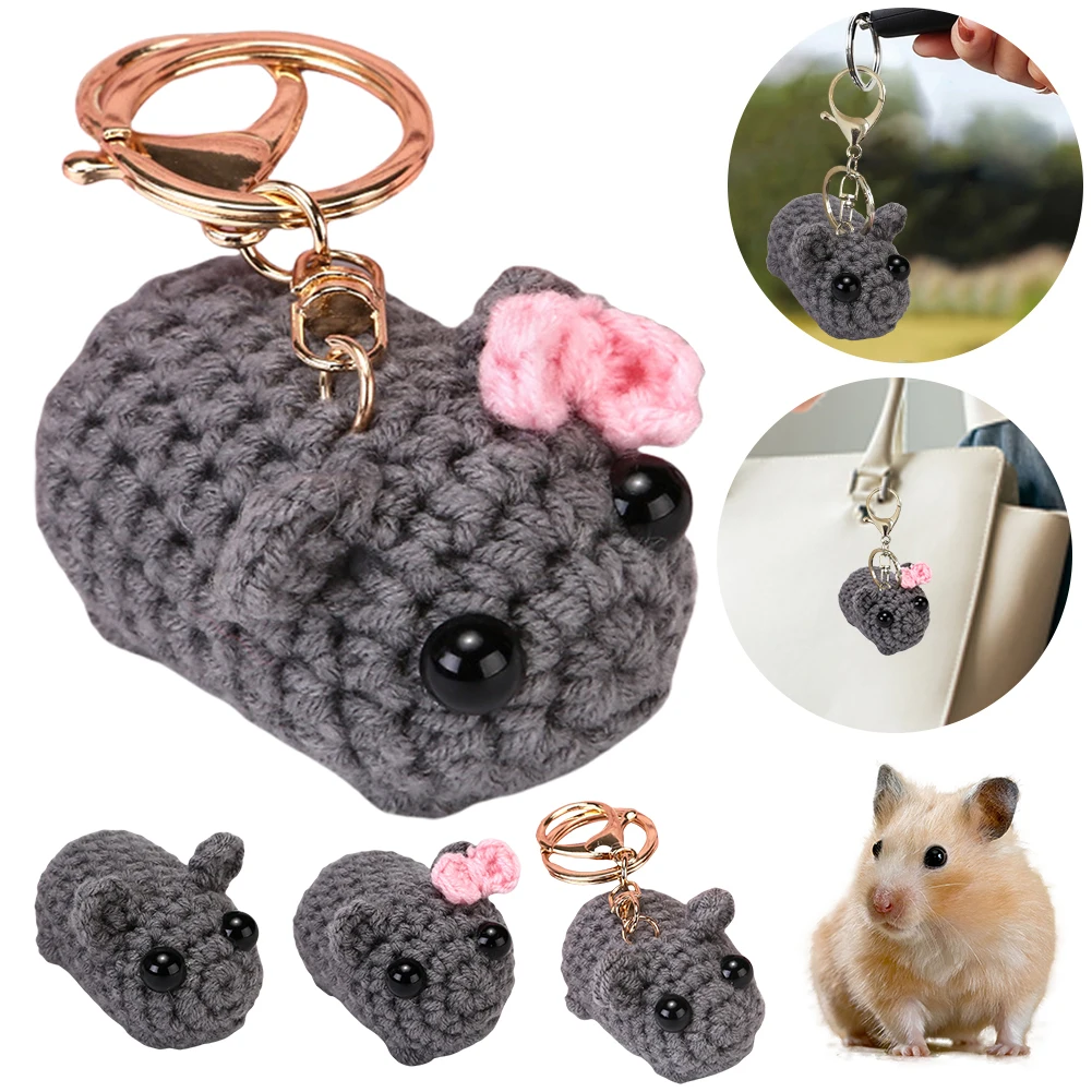 Handmade Triste Hamster Tricô Boneca, Bonito Animal Plushie Chaveiro, Soft Cuddly Triste Laço, Funny Bag Acessórios