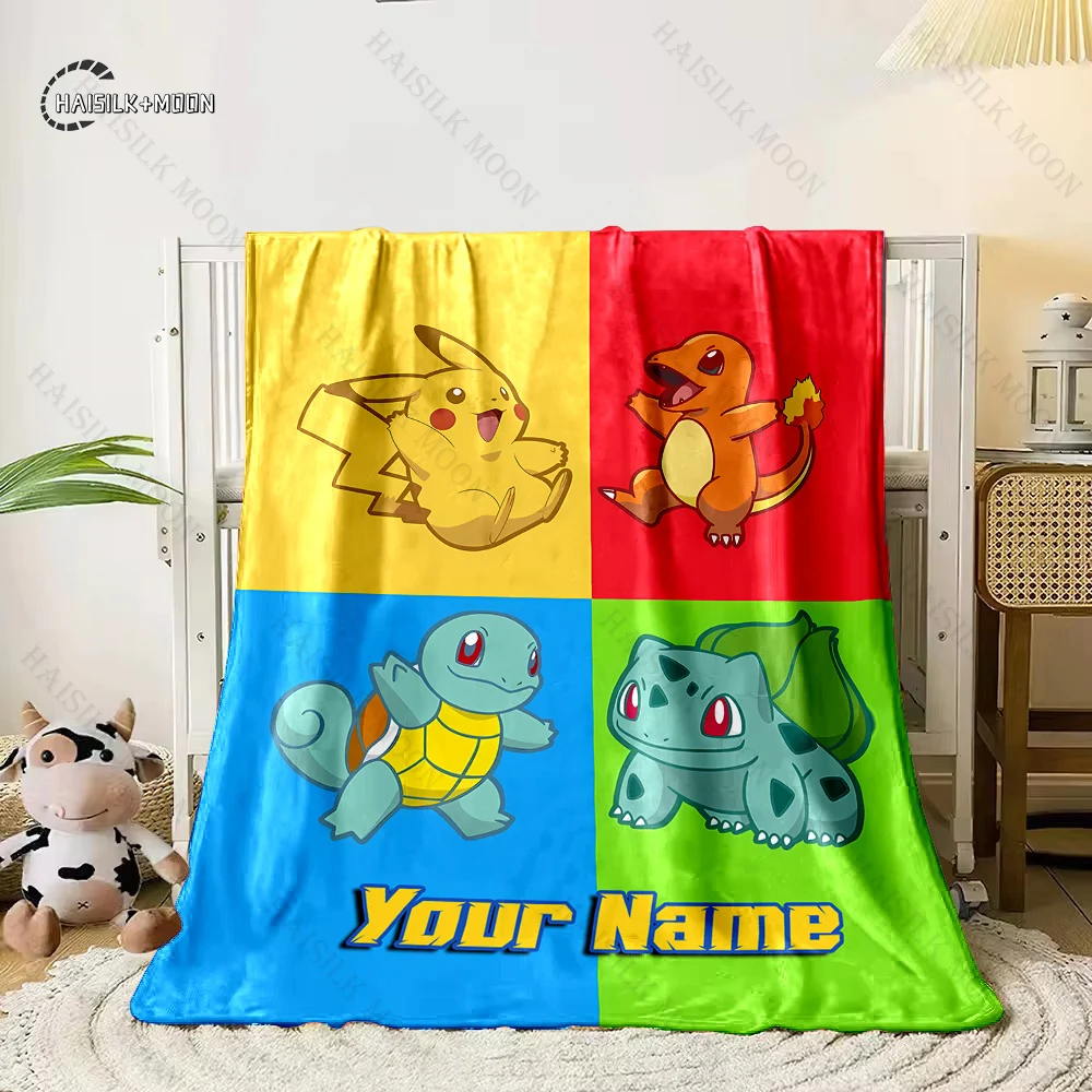 1PC Custom Name Pokemon Pikachu Charizard Printed Blanket, All-Season Multi-Use for Nap,Camping,Travel,Car,sofa Machine Washable