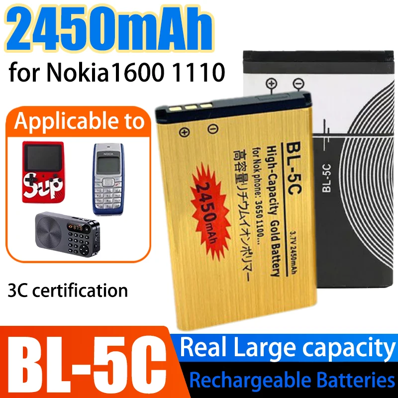 BL-5C Battery 3.7V Rechargeable Li-Ion Batteries BL5C 2450mAh for Nokia 2600 1100 1110 1112 2610 6230 6630 Mobile Phone BL 5C
