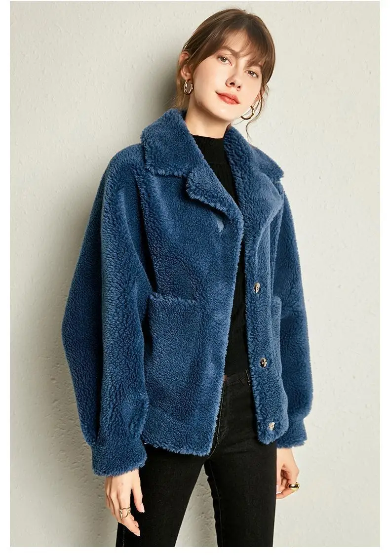 Granular lã shearling primavera e outono casaco feminino lã de cordeiro curto terno gola casaco de pele do falso