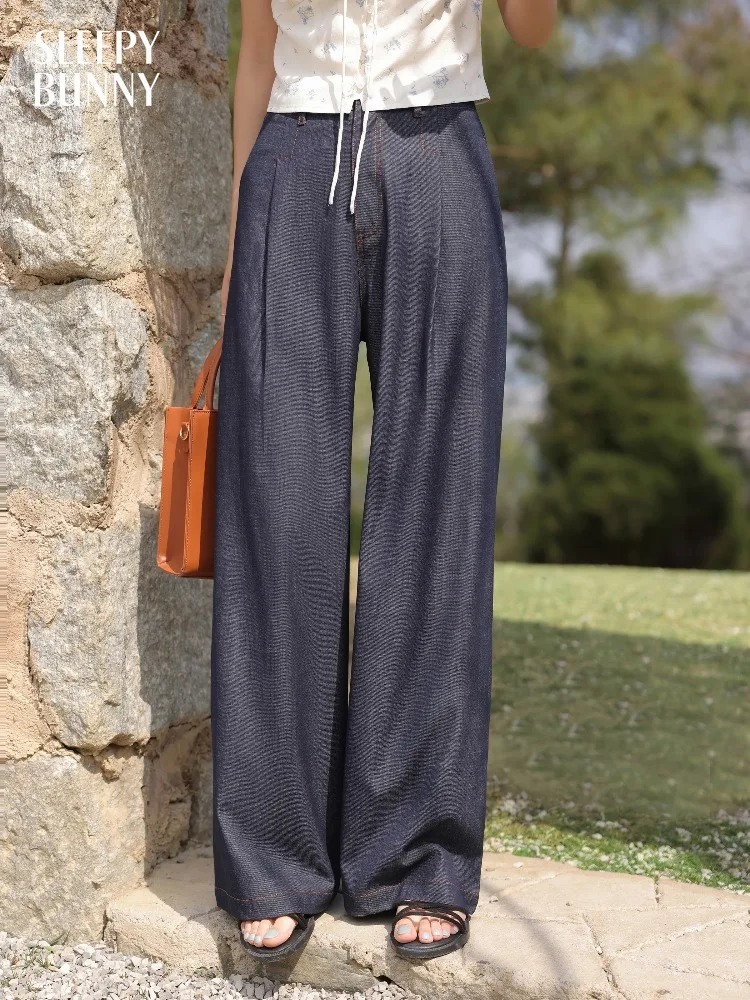 

Vintage Dark Blue Wide Leg Pants High Waist Loose Straight Trousers Women Slimming Casual Faux Denim Floor Length Spring Outfit