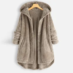 Women Plush Teddy Coat Autumn Winter Loose Warm Soft Flurry Jacket Women's Button Oversized Hooded Outwear