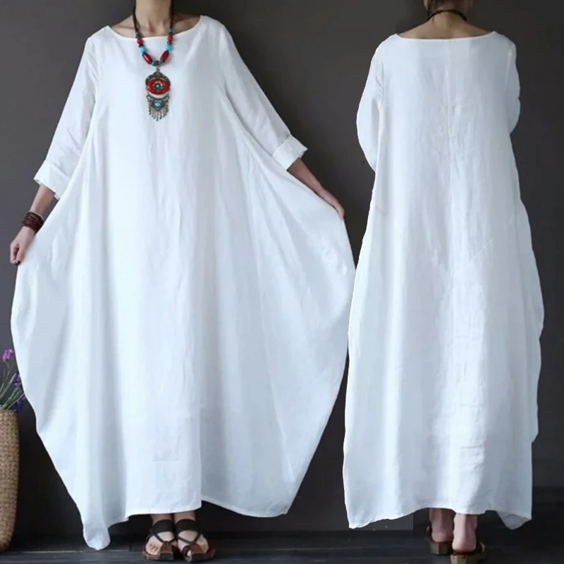 Women Summer Thin Cotton Linen Loose Dress Literary Boho Long Sleeve Dress Lady Solid Color Robe Vintage Kaftan